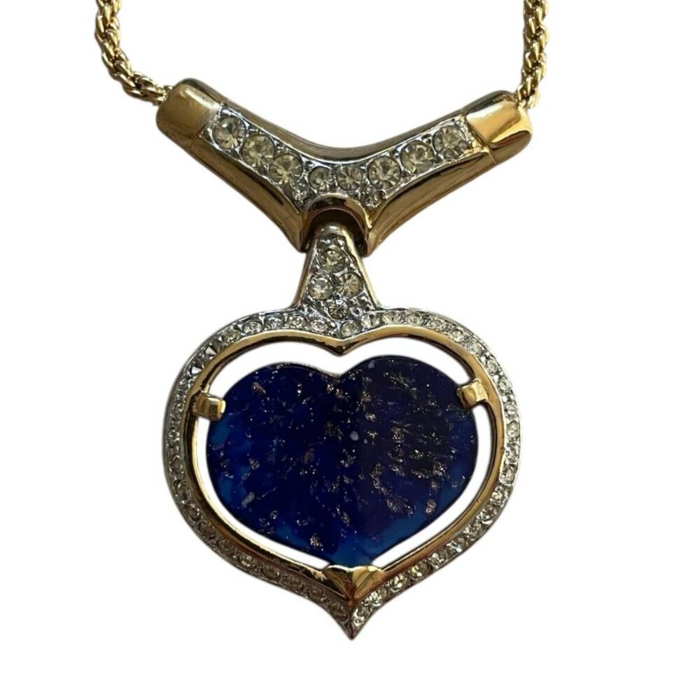 Nina Ricci Blue Gold Rhinestone Heart Pendant Necklace - Picture 2 of 3